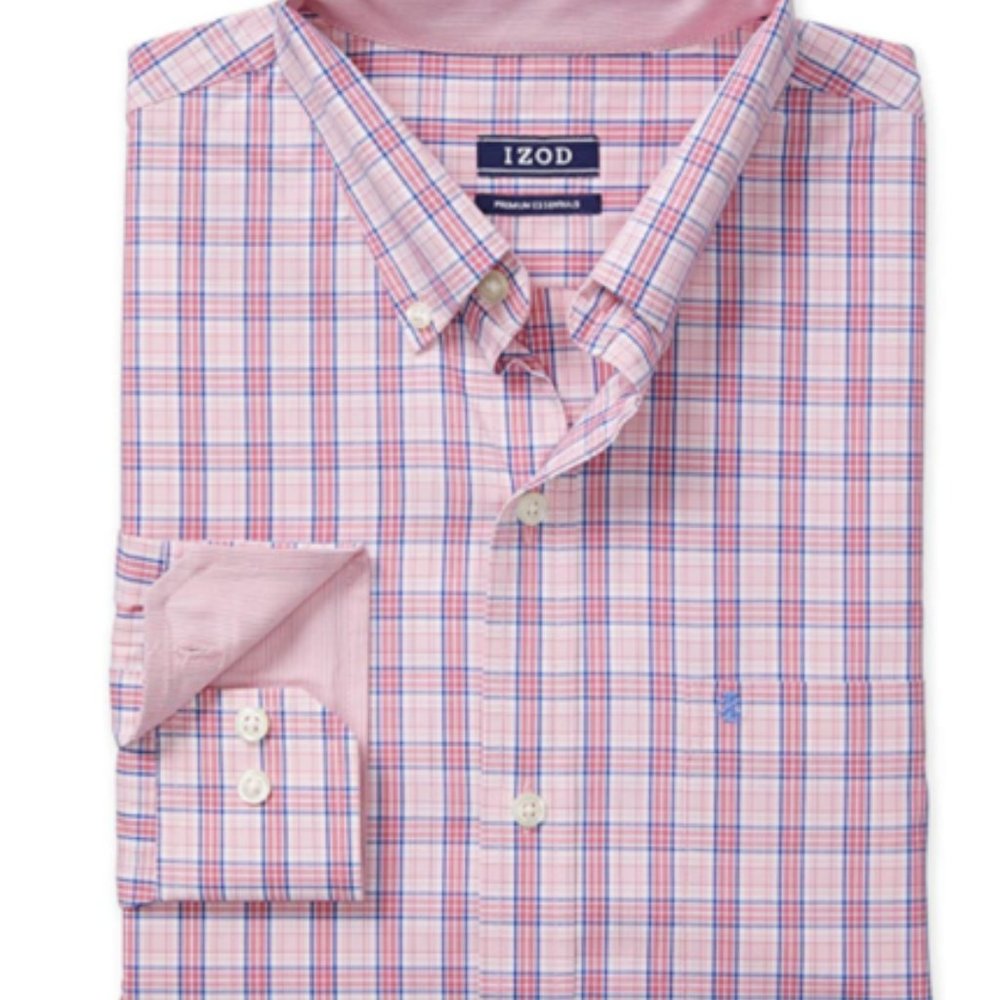 Izod Mens Flip Cuff Button Down Size S Premium Shirt Pink Blue Plaid Preppy